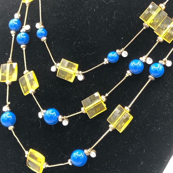 Multi Strand Necklace Blue Yellow Beads Rhinestones Statement Extender - Picture 7 of 7